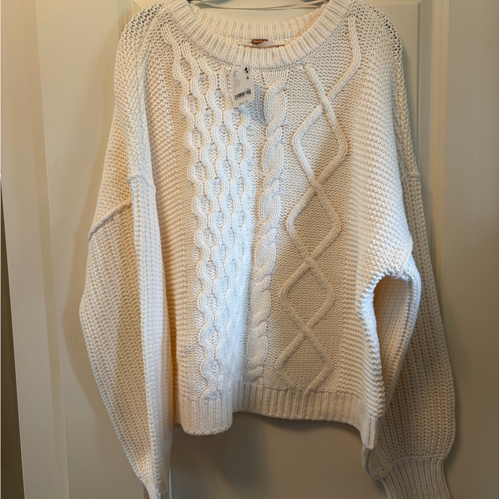 NWT Free People Dream Cable Crewneck Sweater in Cream size L